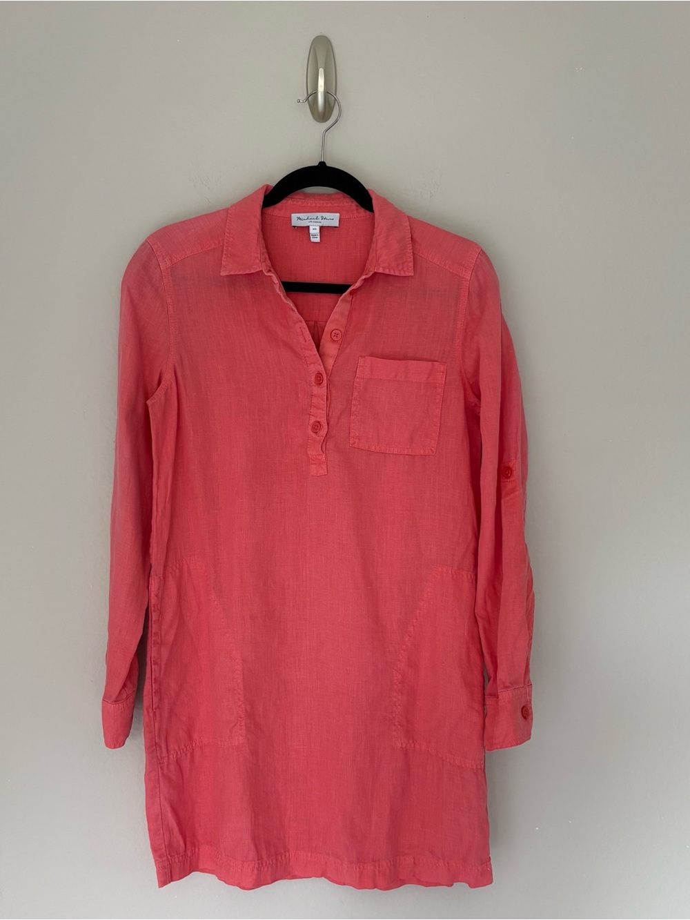 Michael Stars Eleanor Linen Shirtdress Coral Pink Roll Tab Sleeves Resort - XS